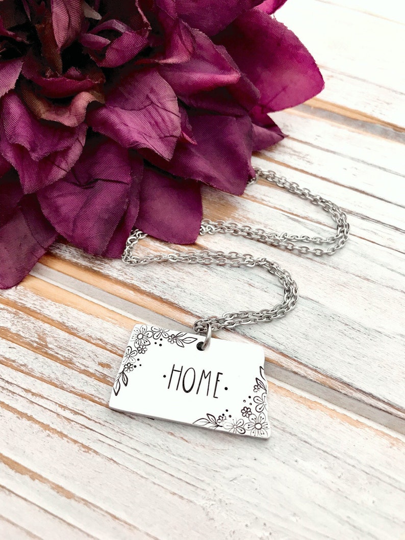 North Dakota Home State Pendant Charm Necklace State Pride Floral Prairie Rose Jewelry