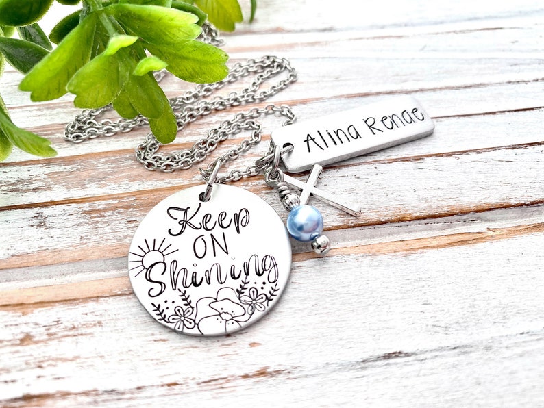 Keep On Shining Hand Stamped Faith Necklace Personalized Name Birthstone Encouragement Inspirational Gift image 5