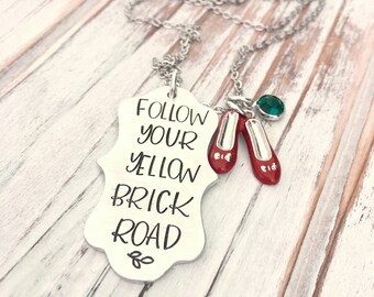 Follow Your Yellow Brick Road - Scallop Hand Stamped Pendant - Red Ruby Slippers - Emerald - Topaz Crystal - Pendant Necklace