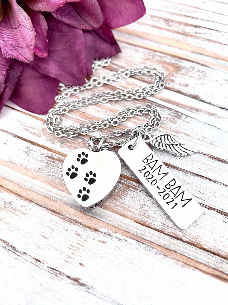 Personalized Pet Urn Pendant Hand Stamped Cremation Paw Print Heart Necklace In Memory Loss of Dog Grieving Furbaby Keepsake image 1