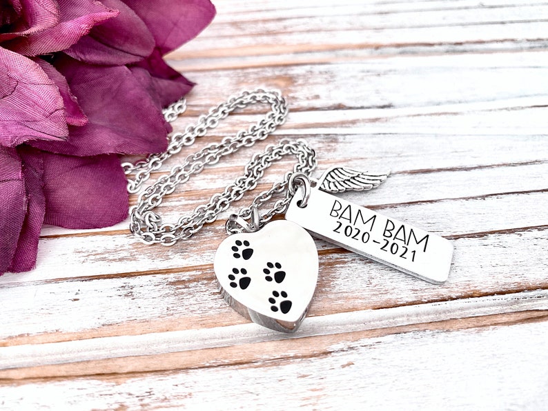 Personalized Pet Urn Pendant Hand Stamped Cremation Paw Print Heart Necklace In Memory Loss of Dog Grieving Furbaby Keepsake image 3