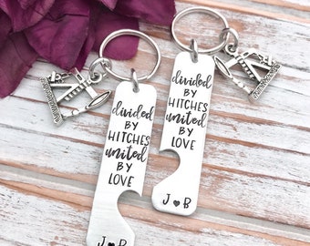 Divided By Hitches United By Love - Matching Keychain Set - Custom Hand Stamped -  Personalized Oilfield Key Ring Gift - Roughneck - Oil Rig