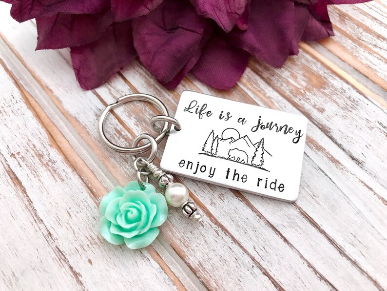 Life Is A Journey Enjoy The Ride Keychain Mountain Range Forest Scene Rose Charm Adventure Seeker Gift