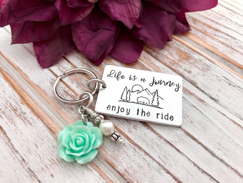 Life Is A Journey Enjoy The Ride Keychain Mountain Range Forest Scene Rose Charm Adventure Seeker Gift