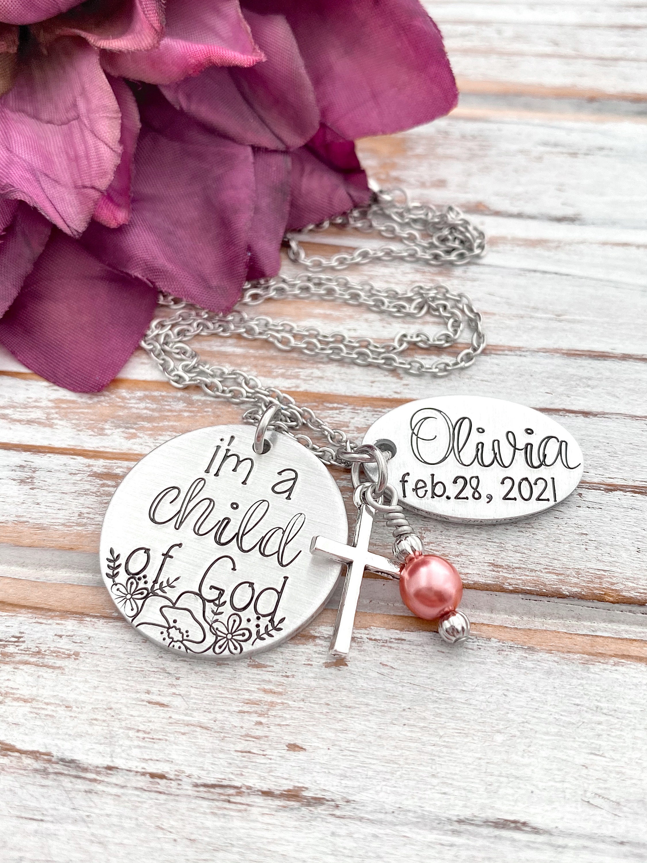 I Am A Child Of God Hand Stamped Baptism Necklace Personalized Confirmation Baptismal Gift
