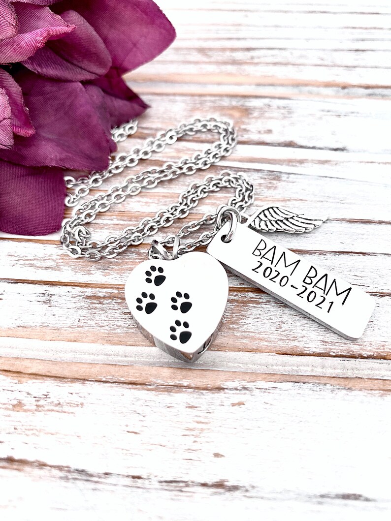 Personalized Pet Urn Pendant Hand Stamped Cremation Paw Print Heart Necklace In Memory Loss of Dog Grieving Furbaby Keepsake image 5