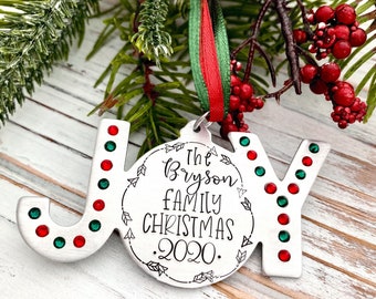 Joy Custom Christmas Family Name Ornament Personalized Tree Housewarming Hostess Secret Santa Gift