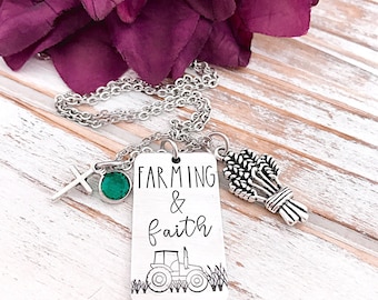 Farming And Faith Necklace Wheat Cross Tractor Farm Country Chic Personalized Ag Gift Agriculture Hand Stamped Jewelry Livestock