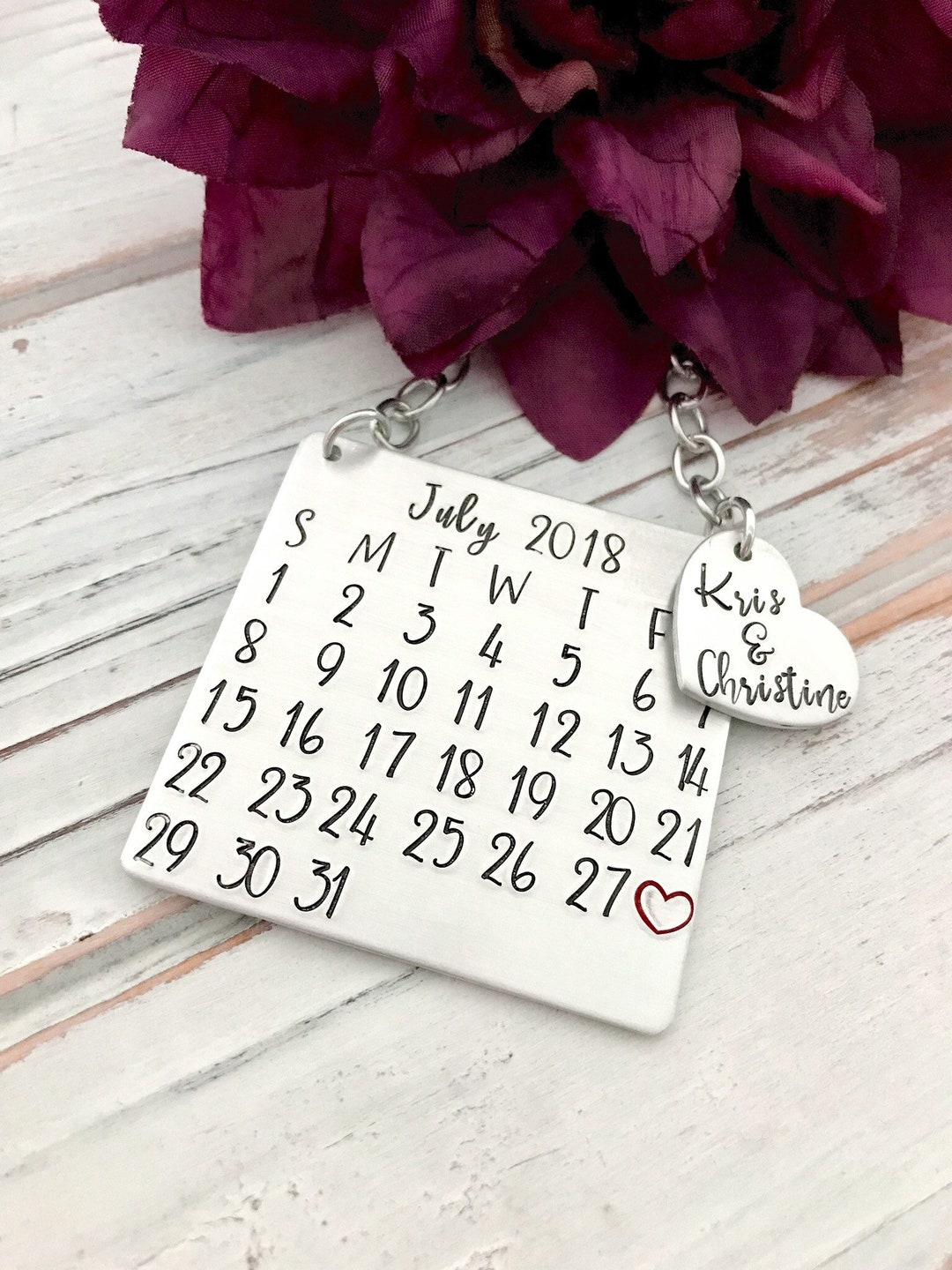 Calendar Christmas Ornament Custom Hand Stamped Anniversary Wedding