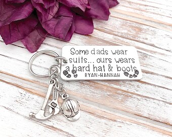 Some Dads Wear Suits Ours Wears A Hard Hat & Boots Construction Ironworker Daddy Keychain Hammer Wrench Hard Hat Fathers Day Gift From Kids