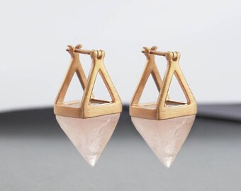 Rose Gold Gemstone Geometric Earrings-Rose Quartz Earrings-Pink Gemstone Earrings-Stylish Earrings-Small Rose Gold Earrings-EmbersJewelry