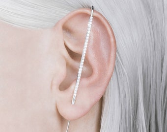Silver Gemstone Earrings-Silver Ear Cuff-Pave Earrings-White Topaz Earrings-Ear Pin-Over the Ear Earrings-Everyday Earring-Statement Earring