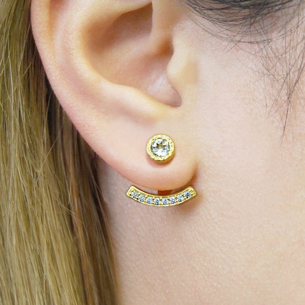 Earring Jackets, Gold Earrings, Gold Ear Jackets, White Topaz Studs, Birthstone Earrings, Gold Studs, Silver Earring Jackets, Earring Gifts