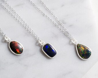 Black Opal Silver Necklace-Sterling Silver Gemstone Pendant-Solid Black Opal-Fire Opal Necklace-Black Opal Jewelry-Precious Opal Necklace