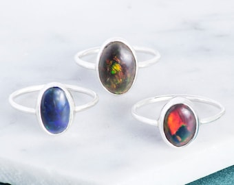 Silver Ring-Black Opal Ring Gemstone Opal Ring Ethiopian Opal Rainbow Opal October Birthstone Ring Oval Black Opal Ring SStacking Ring-925