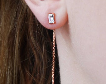 Rose Gold Gemstone Threader Earrings White Topaz Chain Drop Earring Birthstone Jewellery Thread Earring Sterling Silver