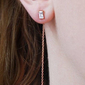 Rose Gold Gemstone Threader Earrings White Topaz Chain Drop Earring Birthstone Jewellery Thread Earring Sterling Silver image 1