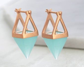 Rose Gold Aqua Chalcedony Drop Earrings, Geometric Earrings, Gemstone Earrings, Quirky Earrings, Gold Dangle Earrings