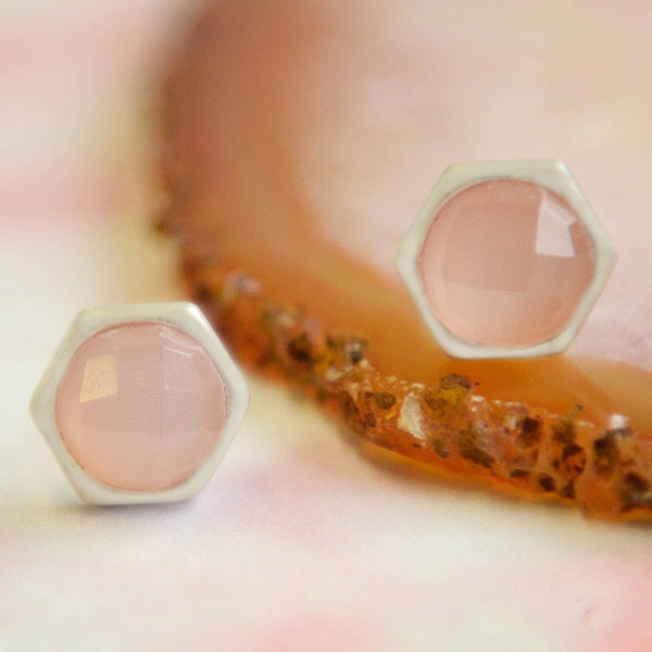 Silver Pink Chalcedony Stud Earrings Simple Earrings Gemstone Earrings Small Studs Pink Gemstone Studs