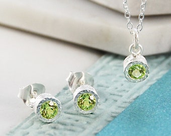 Peridot Jewelry Set  Gemstone Necklace Peridot Stud Earring August Birthstone Pendant Sterling Silver Jewelry Set