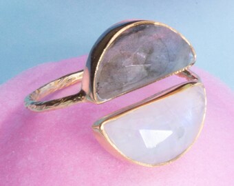 Natural Gemstone Ring-Moonstone Ring-Labradorite Ring-Handmade Gold Ring-Adjustable Gemstone Ring-Organic Ring-Crescent Ring-Moon Ring-Gift