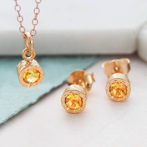 Citrine Jewelry Set Sterling Silver November Birthstone Necklace Citrine Stud Earrings Bridesmaids Gift Rose Gold Set
