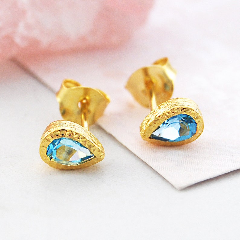 Teardrop Stud Earring Gemstone Studs Gold Plated Studs Blue Topaz Studs Gold Stud Earrings Blue Gemstone Earrings Dainty Earrings