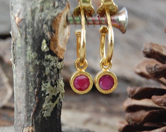 Ruby July Birthstone Gold Hoop Earrings Hoop Earrings With Charm Gold Huggie Earrings Small Hoop Earrings Anniversary Gift