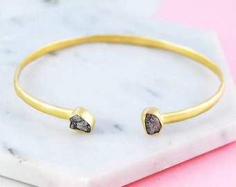 Rough Diamond Cuff Bangle, Gold Gemstone Bracelet, Open Bangle, Raw Diamond Cuff, 2 Diamond Bracelet, Genuine Precious Diamond, Fine Jewelry