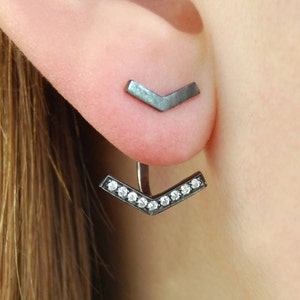 Ear Jackets Matte Black Arrow Earrings Silver Triangle Earrings Pave Earring Edgy Earrings Oxidised Silver Earrings Topaz Ear Jacket image 1