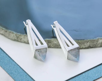 Sterling Silver Labradorite Earrings, Pyramid Drop Earrings, Labradorite Earrings, Silver Gemstone Earrings, Geometric Earrings, Embers, 925