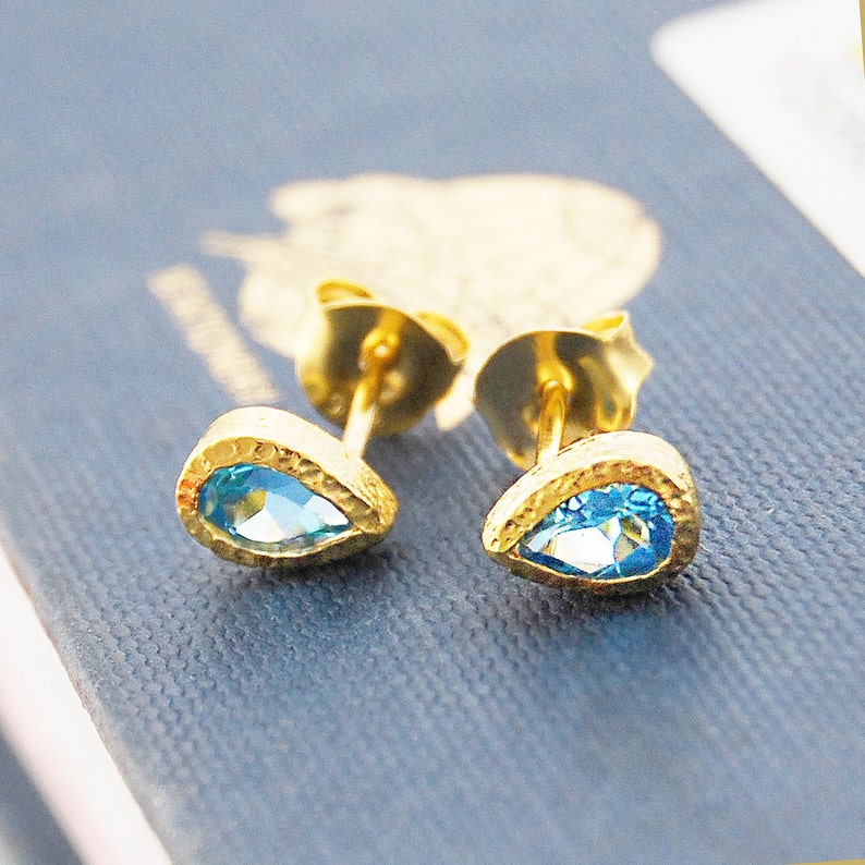 Teardrop Stud Earring Gemstone Studs Gold Plated Studs Blue Topaz Studs Gold Stud Earrings Blue Gemstone Earrings Dainty Earrings