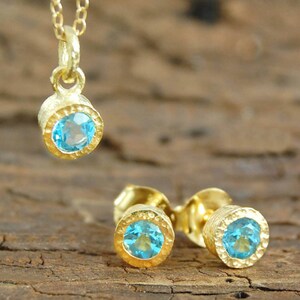 Blue Topaz Necklace Gold November Birthstone Necklace For Mom Dainty Gold Gemstone Necklace Blue Topaz Pandant Necklace+Earrings