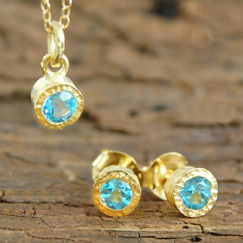 Blauwe Topaas ketting goud november Birthstone ketting voor moeder sierlijke gouden edelsteen ketting Blue Topaz Pandant Necklace+Earrings