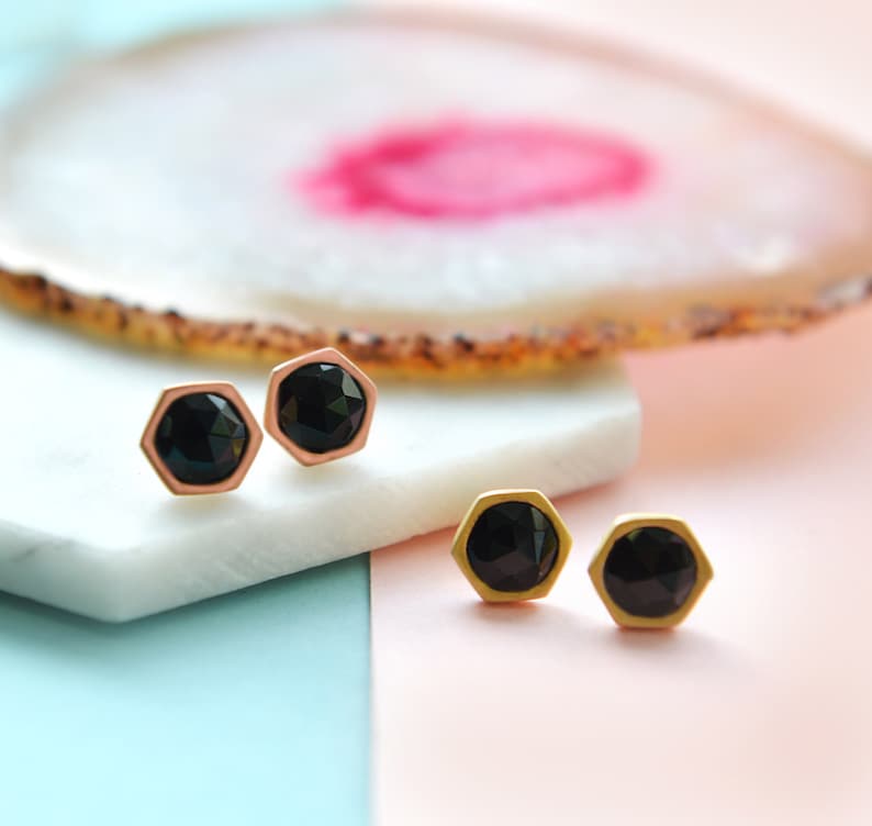 Gemstone Studs Black Studs Black Rose Gold Earrings Gemstone earrings Rose And Gold Studs, Black Spinel Studs Black gold earrings