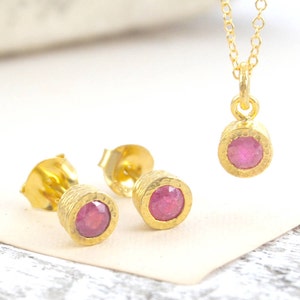 Ruby Stud Earrings Gold July Birthstone Earrings Dainty Gold Studs Pink Gemstone Earrings Valentines Day Gifts Earrings and Pendant