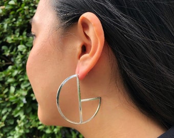 Large Geometric Silver Hoop Earrings Statement Jewelry Minimal Modern Stud Hoop Earring Boho Wedding Earrings