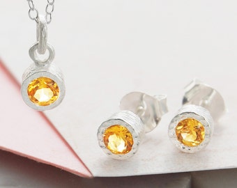 Citrine Jewelry Set Sterling Silver November Birthstone Necklace Citrine Stud Earrings Bridesmaids Gift