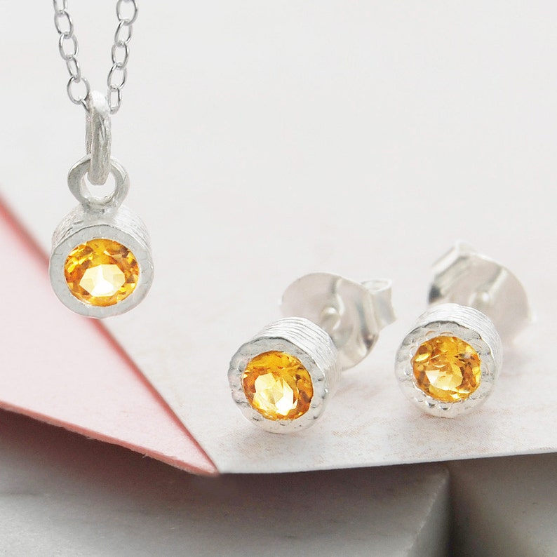 Citrine Jewelry Set Sterling Silver November Birthstone Necklace Citrine Stud Earrings Bridesmaids Gift Silver Set