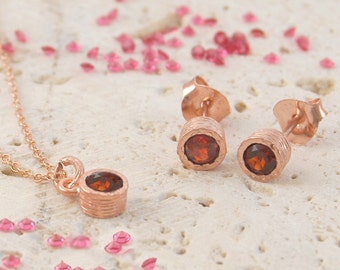 Garnet Jewelry Set Rose Gold Necklace and Earrings Set Gemstone Jewellery Garnet Necklace Garnet Earrings January Birthstone Gift Set