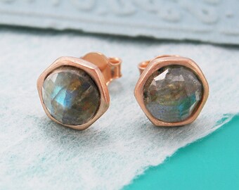 Labradorite Gemstone Stud Earrings Rose Gold Studs Gemstone Studs Elegant Earrings Grey Gemstone Earrings