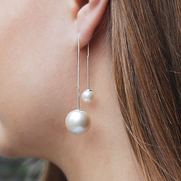 Silver Plated White Pearl Threader Drop Earrings Long Pearl Earrings Pearl Threader Earrings