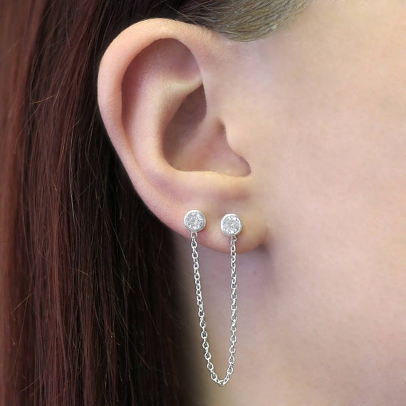 Double Stud Earrings 925 Silver Chain Earrings Diamond Stud Etsy