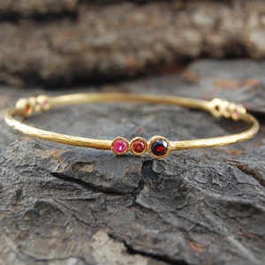 Garnet and Ruby Gold Sterling Silver Bangle, Gemstone Cuff Bracelet, Boho Bracelet, January Birthstone