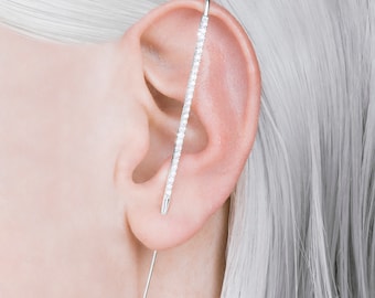 Silver Ear Cuff-Silver Gemstone Earrings-Diamond Earrings-Ear Pin-Pave Earrings-Silver Bar Cuff-Diamond Ear Cuffs-Bar Cuff-Gemstone Cuff