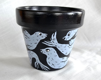 Seal Plant Pot - Hand-painted, Varnished Terracotta - Acrylic - Hand-illustrated Design - Seals swimming