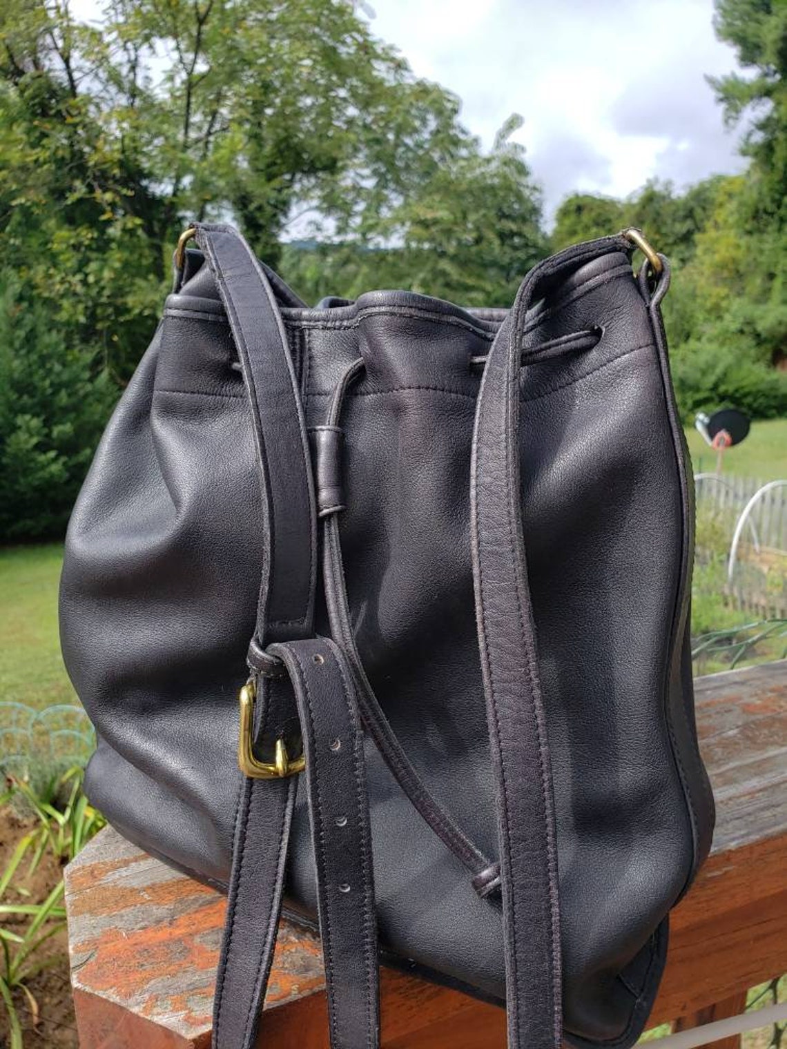 Vintage Coach bucket sac bag black leather drawstring 70s Etsy