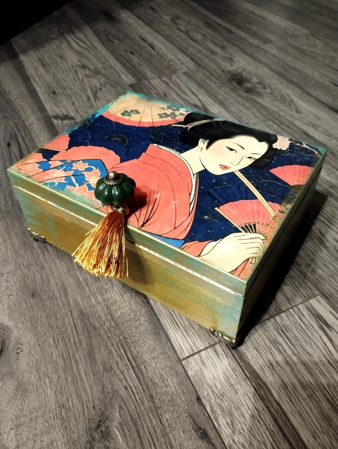 Wooden Tea Box Jewelry Make up Organizer Oriental Vintage Asian Geisha ...