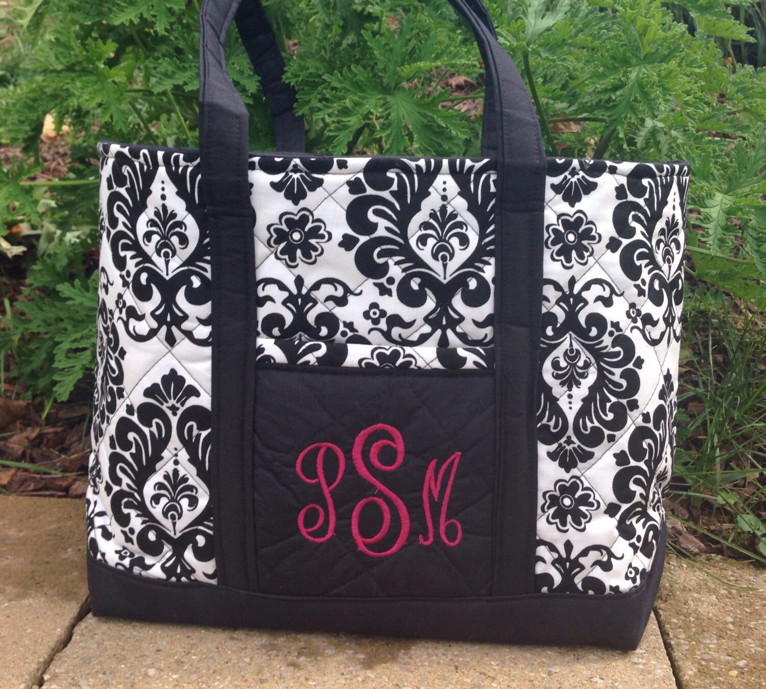 Monogrammed black and white damask tote bag Etsy