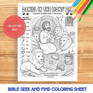 May include: A black and white coloring sheet titled Daniel in the Lions' Den featuring a man praying among lions in a cave. The page includes a list of ten hidden items to find, such as a lamp, scroll, crown, and key, with colored pencils nearby.